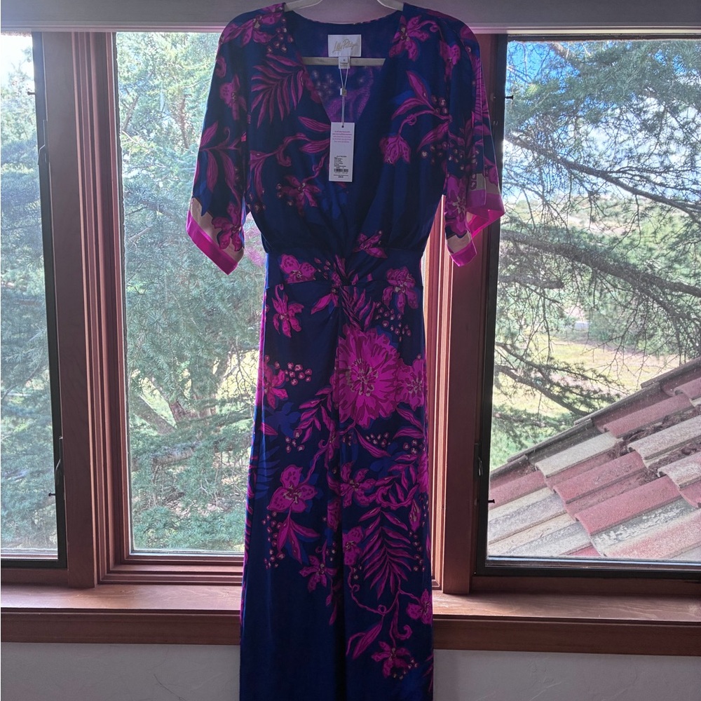 Lilly Pulitzer Navy Maxi Dress with Fuchsia Floral Print